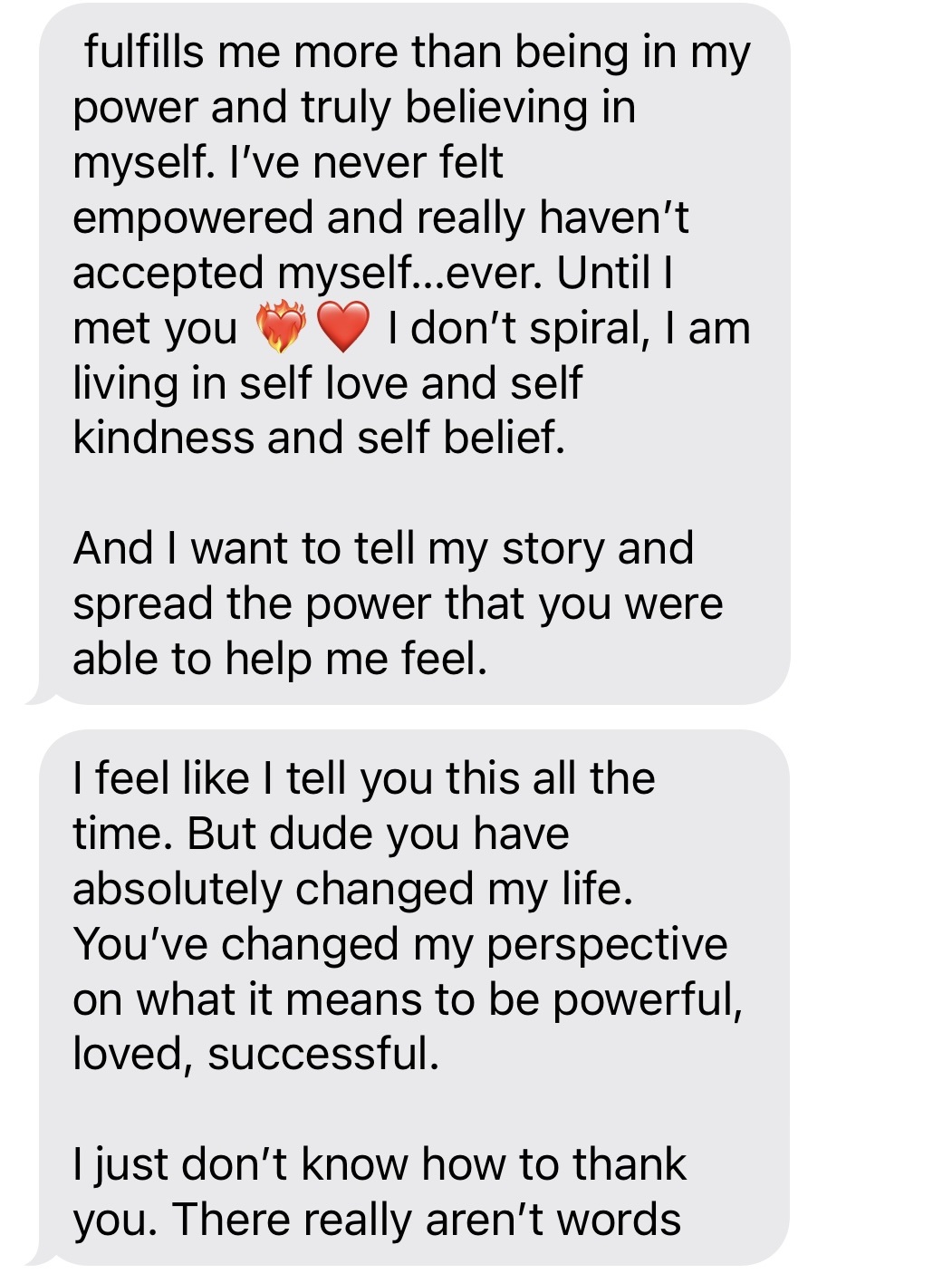 Client message about personal growth and changed perspective